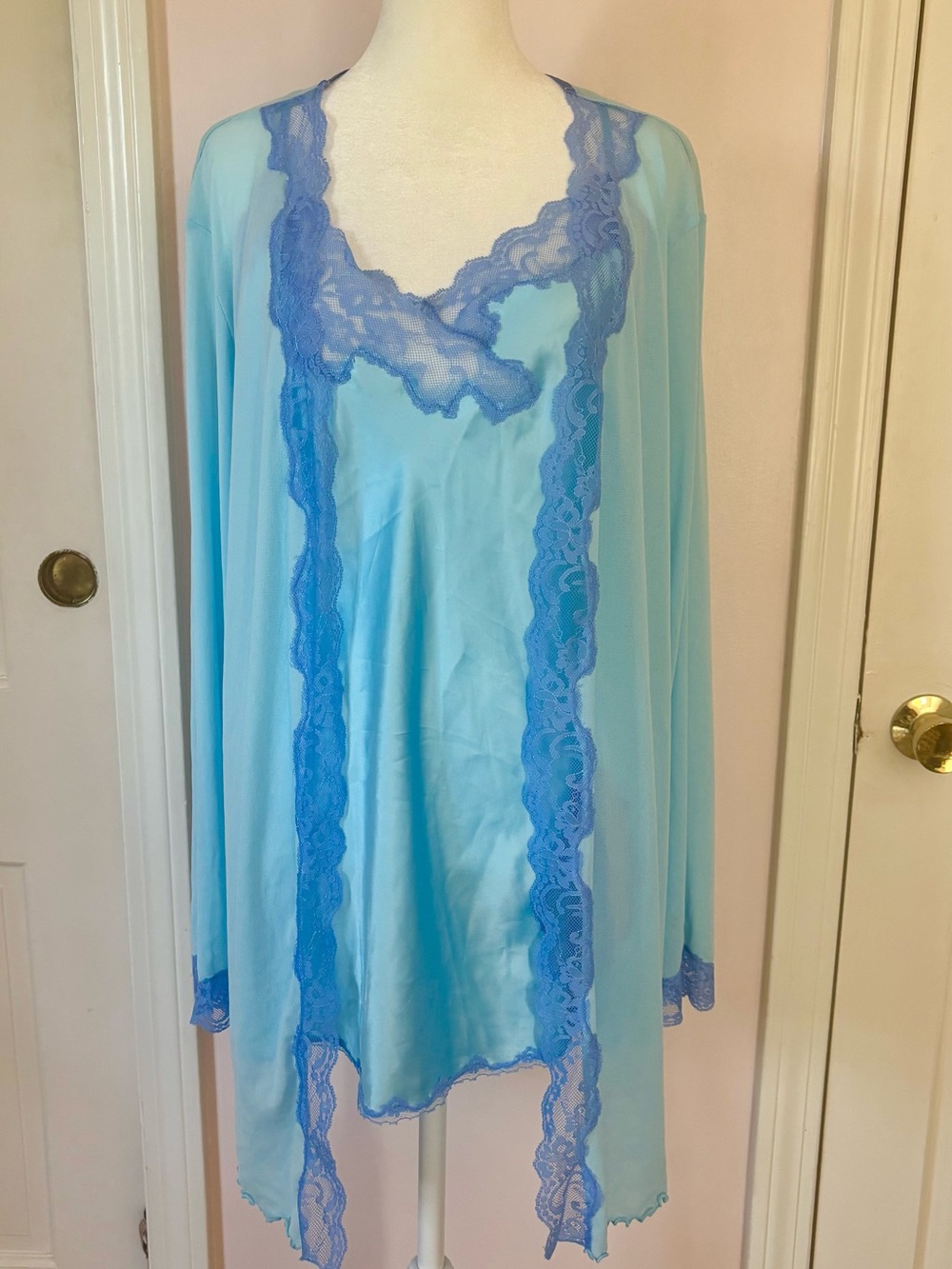 Victoria’s Secret Vintage SexyAqua & Blue Lace-Trim Sleep Chemise and Robe Set.